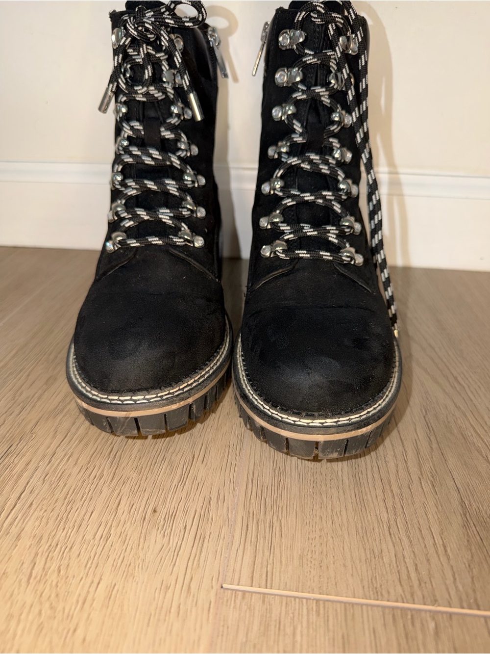 Jennifer Lopez Black Suede Combat Boots with Contrast Laces